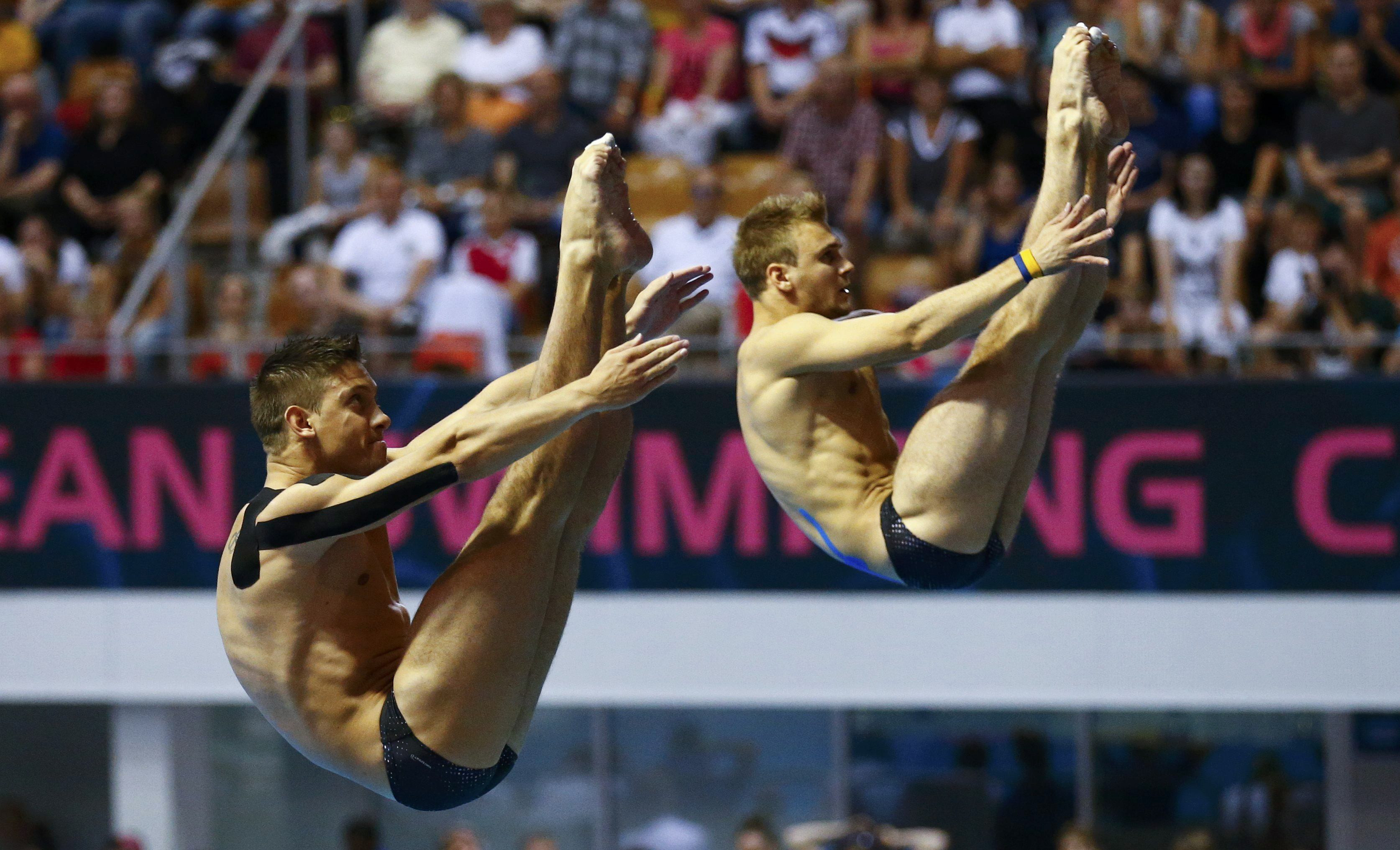 Gorshkovozov and Kvasha of Ukraine dive to place third in synchronised 3m springboard final at the European Swimming Championships in Berlin