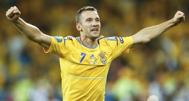Ukraine's Shevchenko celebrates after winning their Group D Euro 2012 soccer match against Sweden at the Olympic stadium in Kiev