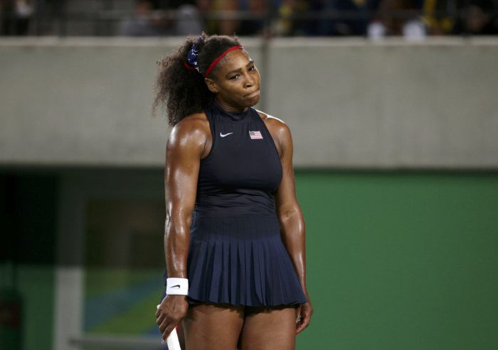 2016 Rio Olympics - Tennis - Preliminary - Women's Singles Third Round - Olympic Tennis Centre - Rio de Janeiro, Brazil - 09/08/2016. Serena Williams (USA) of USA reacts during her match against Elina Svitolina (UKR) of Ukraine. REUTERS/Kevin Lamarque FOR EDITORIAL USE ONLY. NOT FOR SALE FOR MARKETING OR ADVERTISING CAMPAIGNS.