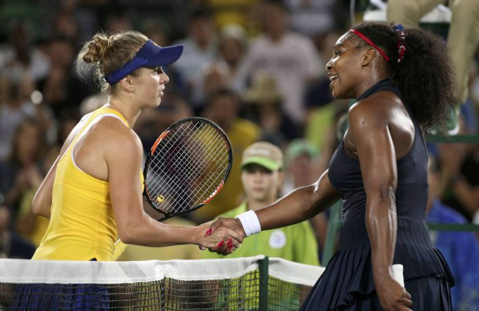 2016 Rio Olympics - Tennis - Preliminary - Women's Singles Third Round - Olympic Tennis Centre - Rio de Janeiro, Brazil - 09/08/2016. Serena Williams (USA) of USA shakes hands with Elina Svitolina (UKR) of Ukraine after losing their match. REUTERS/Kevin Lamarque FOR EDITORIAL USE ONLY. NOT FOR SALE FOR MARKETING OR ADVERTISING CAMPAIGNS.
