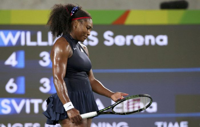 2016 Rio Olympics - Tennis - Preliminary - Women's Singles Third Round - Olympic Tennis Centre - Rio de Janeiro, Brazil - 09/08/2016. Serena Williams (USA) of USA reacts during her match against Elina Svitolina (UKR) of Ukraine. REUTERS/Kevin Lamarque FOR EDITORIAL USE ONLY. NOT FOR SALE FOR MARKETING OR ADVERTISING CAMPAIGNS.