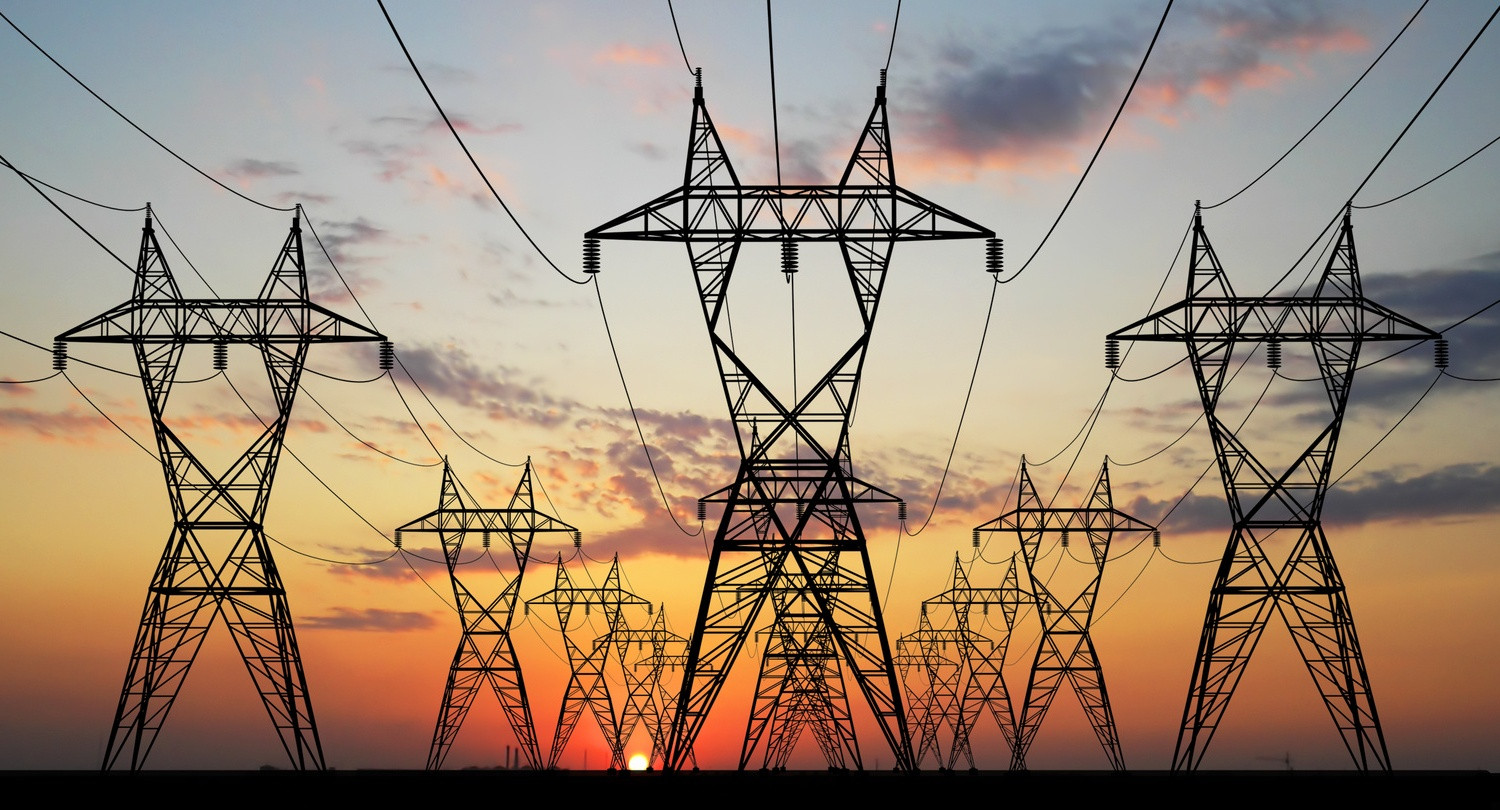 3D Electric powerlines over sunrise